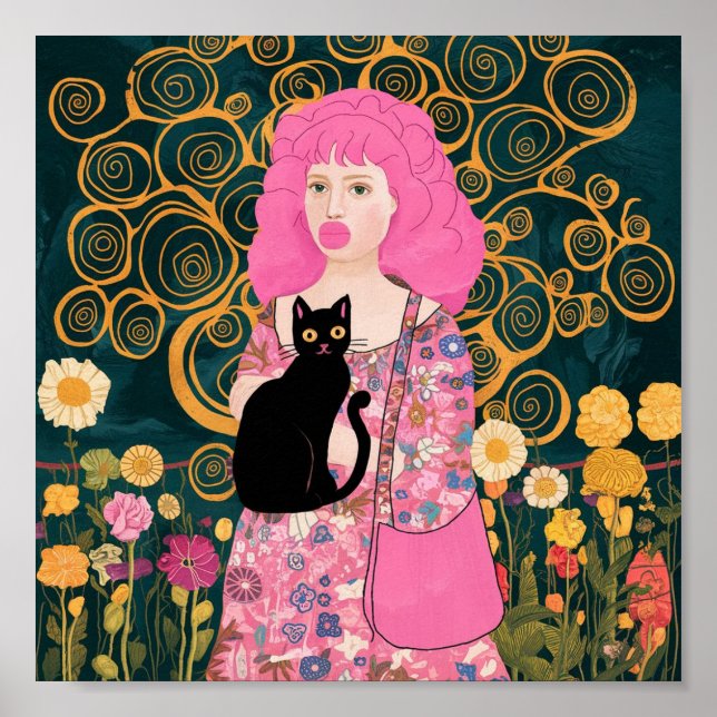 Rosa Bubble Gum Dam med Gustav Klimt Kattkonst Poster (Framsidan)
