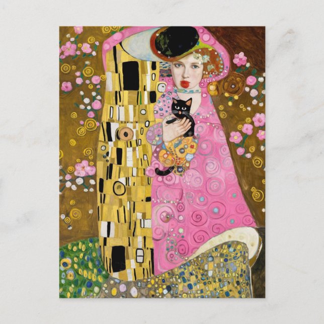 Rosa Bubble Gum Dam med Gustav Klimt Kattkonst Vykort (Framsida)