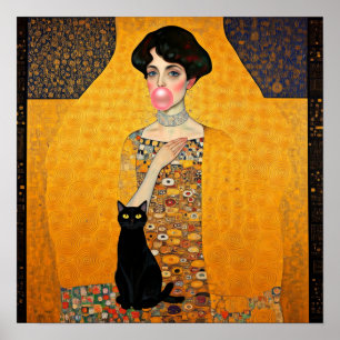 Rosa Bubble Gum Dam med svart katt Gustav Klimt Poster