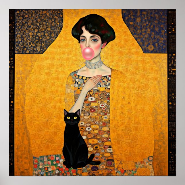 Rosa Bubble Gum Dam med svart katt Gustav Klimt Poster (Framsidan)