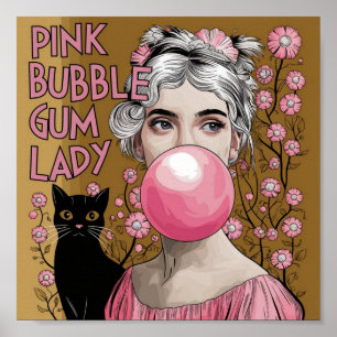 Rosa Bubble Gum Dam med Svart Katt Gustav Klimt Poster