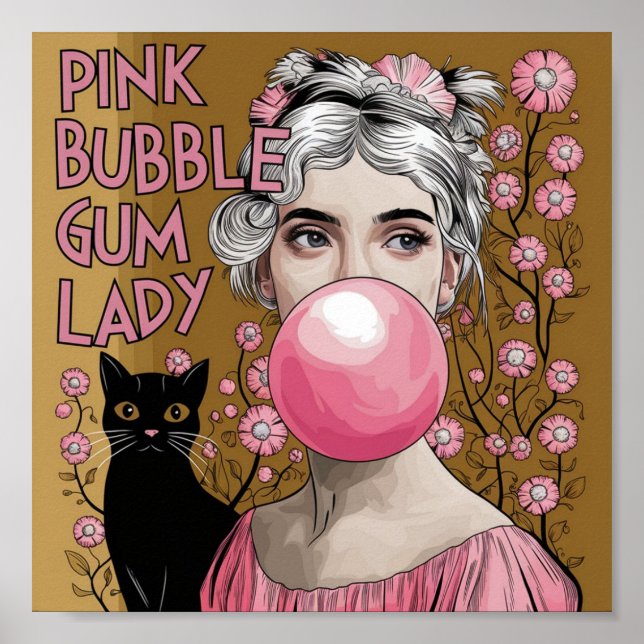 Rosa Bubble Gum Dam med Svart Katt Gustav Klimt Poster (Framsidan)
