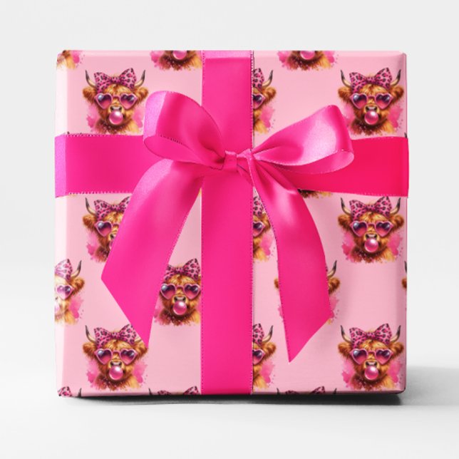 Rosa Bubble Gum Highland Cow Presentpapper (Pink Bubble Gum Bubble Highland Cow Gift Wrap)