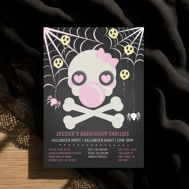 Rosa Bubblegum Skellies Halloween Skeleton Party Inbjudningar (Pink Bubblegum Skellies Halloween Skeleton Party)