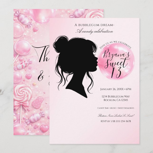 Rosa Bubblegummedröm Godis Födelsedagsfirande   Inbjudningar (Fram/baksida)