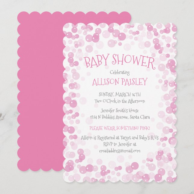 Rosa Bubbles Girl Baby Shower Inbjudningar (Fram/baksida)