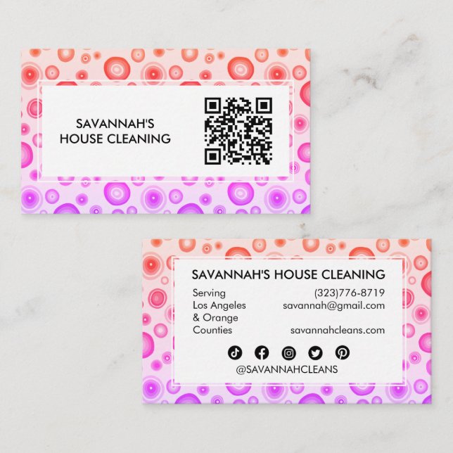 Rosa Bubbles Minimal House Städning Janitorial QR Visitkort (Fram/baksida)