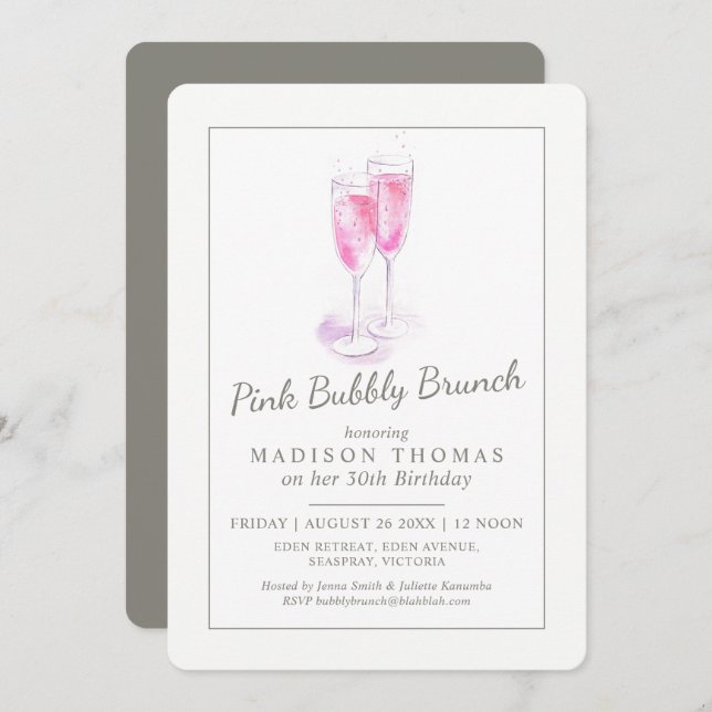 Rosa bubblig brunch champagne bubblor händelse inbjudningar (Fram/baksida)