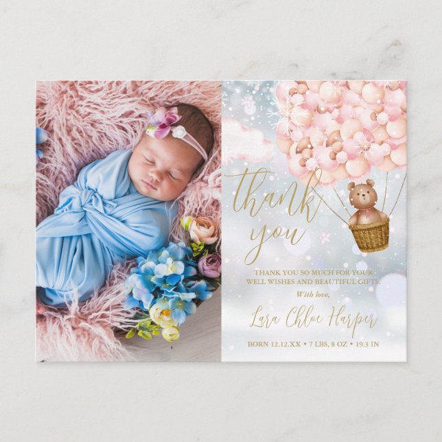 Rosa Bubblor Bear Tack Photo Winter Baby Meddelande Vykort (Framsida)