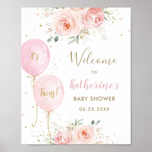 Rosa Bubblor Blommigt Twillingars Baby Shower Välk Poster (Framsidan)