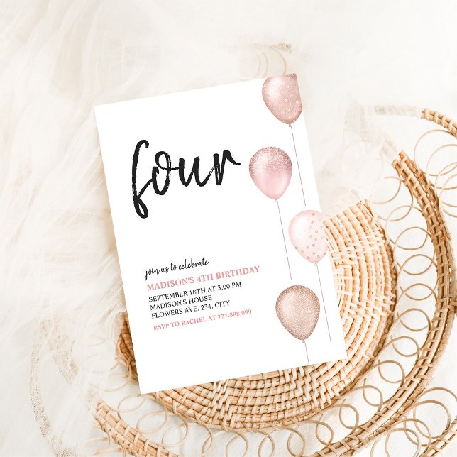  Rosa-bubblor för flickor, enkel 4e födelsedagen Inbjudningar (Skapare uppladdad)