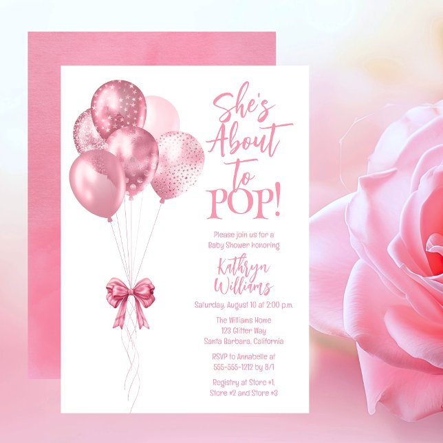 Rosa Bubblor hon är på väg till barnskuvret Inbjudningar ("She's Ready to POP!" Pink Translucent Glitter Balloons Girl Baby Shower Invitation.)