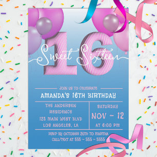 Rosa Bubblor i Blå himmel Sweet sixteen Inbjudningar
