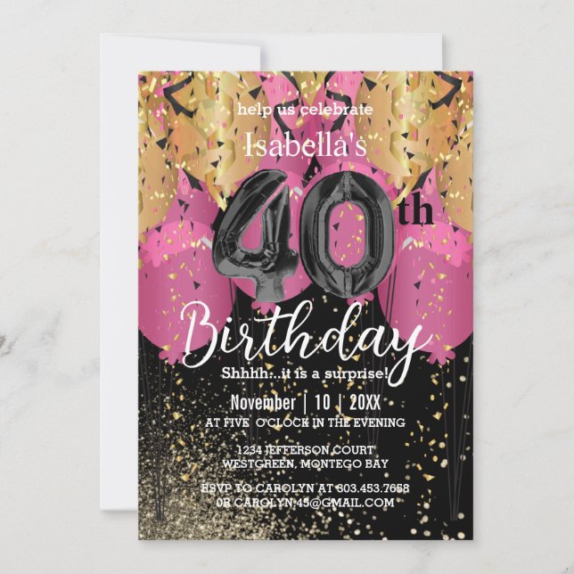 Rosa Buboner och Glitter 40:e födelsedagen Inbjudningar (Framsida)