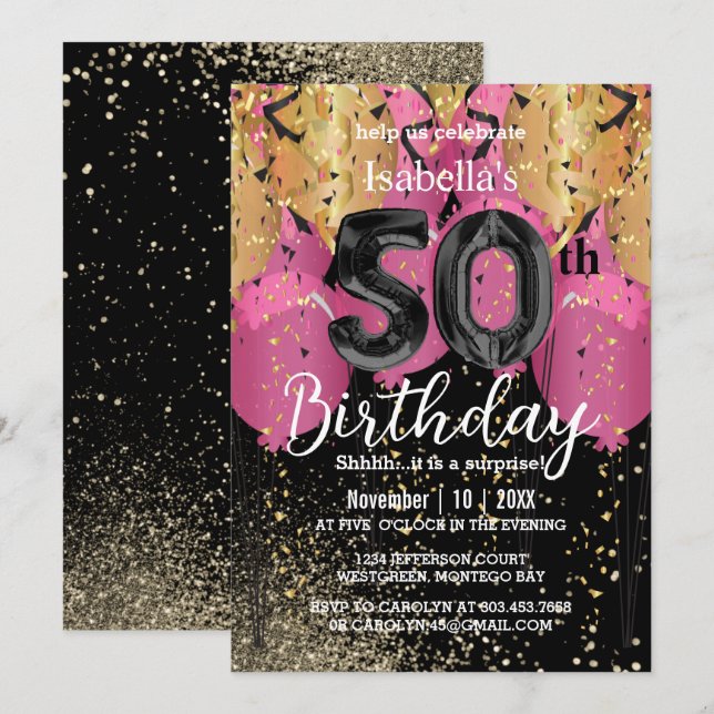 Rosa Buboner och Glitter 50:e födelsedagen Inbjudningar (Fram/baksida)