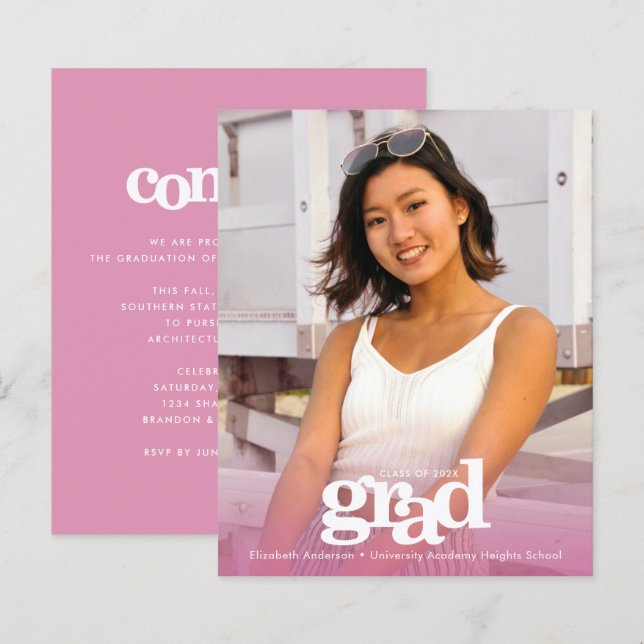 Rosa budget studenten fotomodern inbjudan till fot (Fram/baksida)