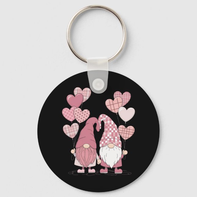 Rosa Buffalo-rutiga Hjärt-gnomar Alla hjärtans dag Nyckelring (Framsida)
