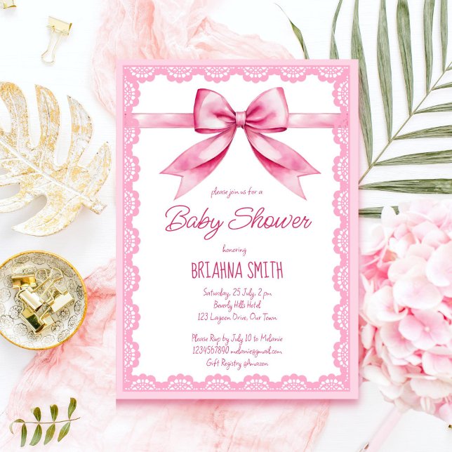 Rosa-buggdusch för snöre-babydusch inbjudningar (Pink bow retro lace baby shower editable template invitation instant download cute girly pink)