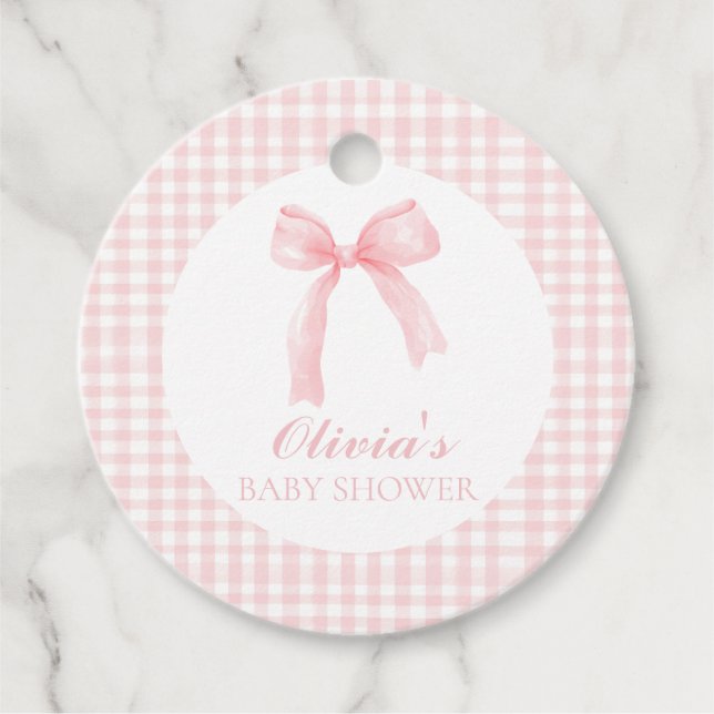 Rosa buggor och gingham-parfymbabydusch gåvor etiketter (Framsida)