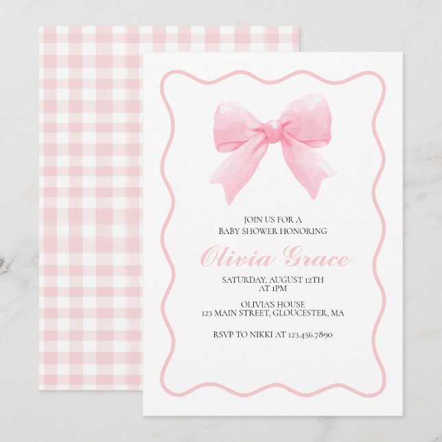 Rosa buggor och gingham-parfymbabydusch inbjudningar (Fram/baksida)
