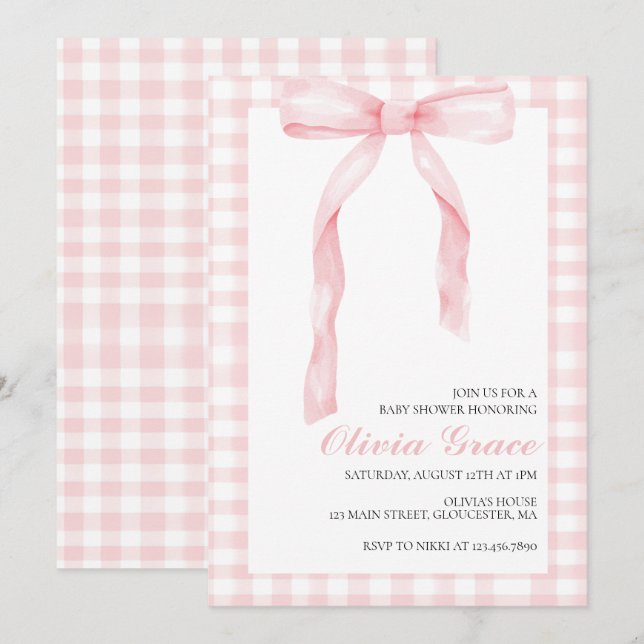 Rosa buggor och gingham-parfymbabydusch inbjudningar (Fram/baksida)