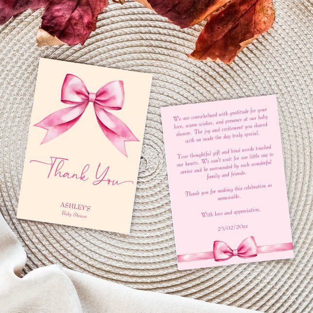 Rosa-buggremsor, babydusch, söt elegant tack kort (Pink bow ribbon baby shower cute elegant thank you card pastel cream pink bow girly thank you cards)