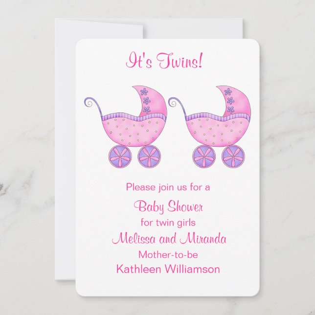 Rosa Buggy Carriage Twin Girls Baby Shower Inbjudningar (Framsida)