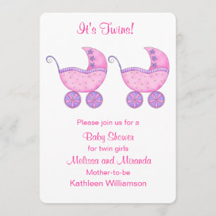 Rosa Buggy Carriage Twin Girls Baby Shower Inbjudningar