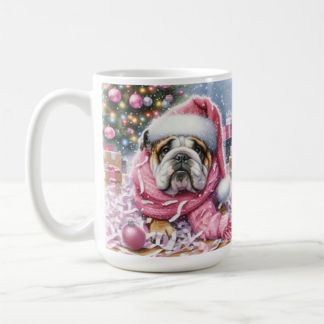 Rosa Bulldog jul "ingen någonsin" Mugg Kopp (Vänster)