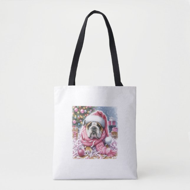 Rosa Bulldog jul "sa ingen någonsin" Tote Bag Tygkasse (Framsida)