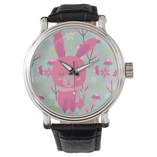Rosa Bunnies och Flowers Armbandsur (Framsida)
