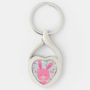 Rosa Bunnies och Flowers Twisted Heart Silverfärgad Nyckelring