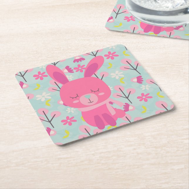 Rosa Bunnies och Flowers Underlägg Papper Kvadrat (Vinklad)