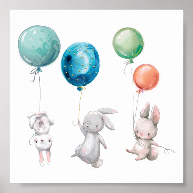Rosa Bunnies Rabbits Balloons Art Skriv ut Poster (Framsidan)
