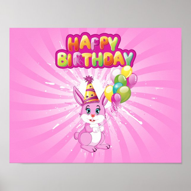 Rosa Bunny Birthday Tecknad Poster (Framsidan)