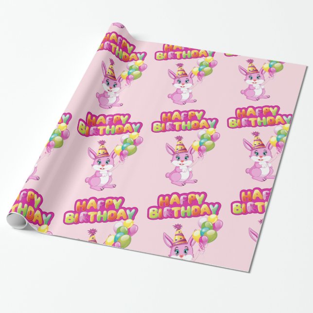 Rosa Bunny Birthday Tecknad Presentpapper (Utrullad)
