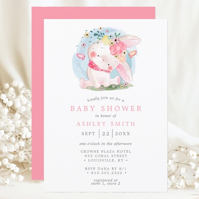 Rosa Bunny Blommigt Butterfly Watercolor Baby Show Inbjudningar (Skapare uppladdad)