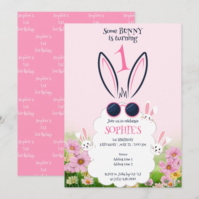 Rosa Bunny Blomsterträdgård Vår, sommarfödelsedag Inbjudningar (Fram/baksida)