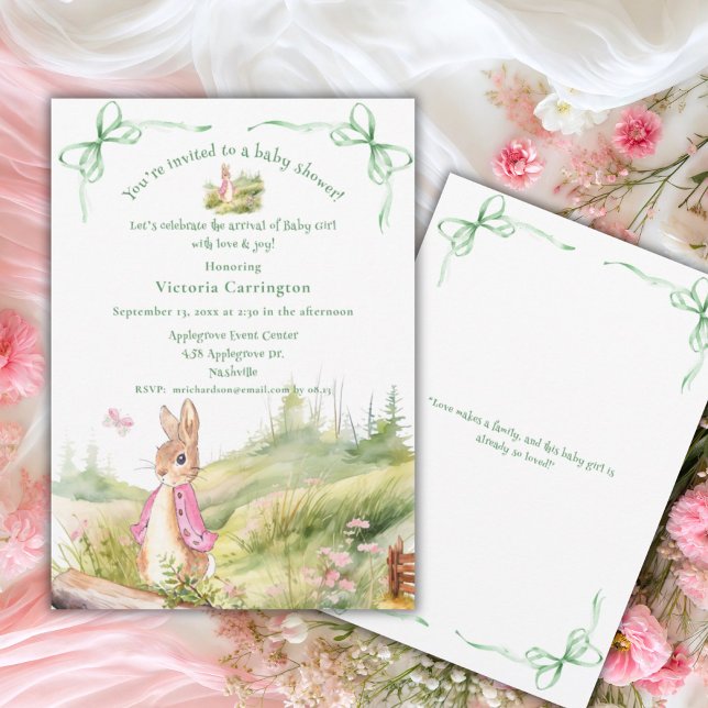 Rosa Bunny Bows Whimsical Baby Shower Inbjudningar (Skapare uppladdad)