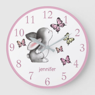 Rosa Bunny Butterfly Nursery Decor Wall Clock Stor Klocka