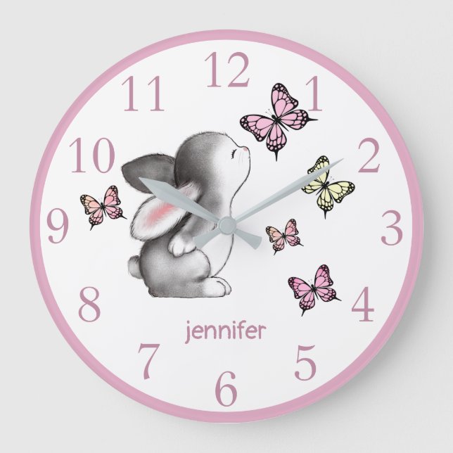 Rosa Bunny Butterfly Nursery Decor Wall Clock Stor Klocka (Framsida)