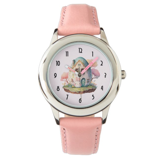 Rosa Bunny & Egg Shaped House Kawaii Stil Armbandsur (Framsida)