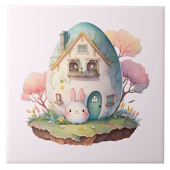 Rosa Bunny & Egg Shaped House Kawaii Stil Kakelplatta (Framsidan)