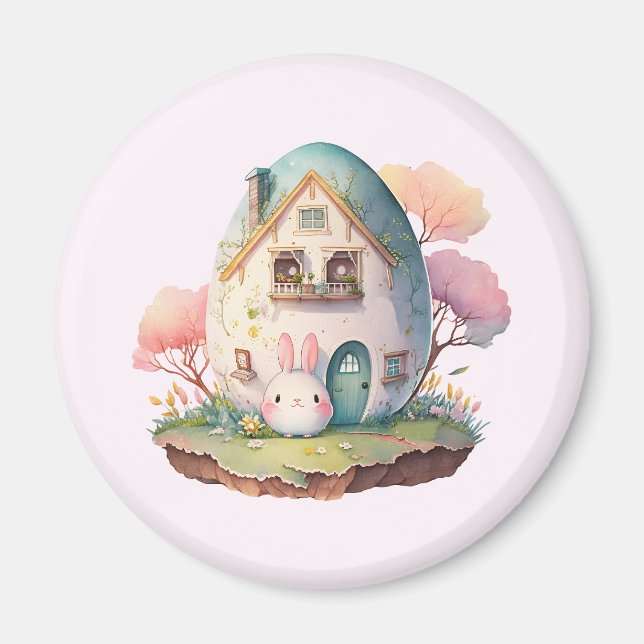 Rosa Bunny & Egg Shaped House Kawaii Stil Magnet (Framsidan)