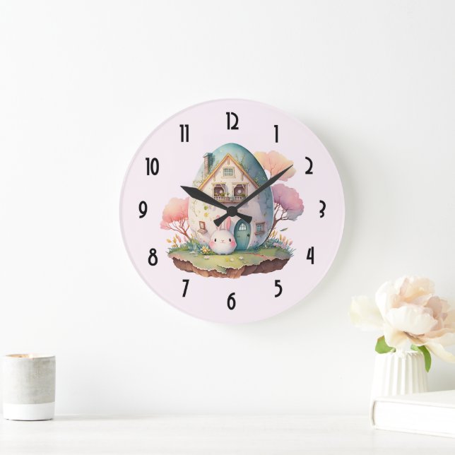 Rosa Bunny & Egg Shaped House Kawaii Stil Stor Klocka (Hem)