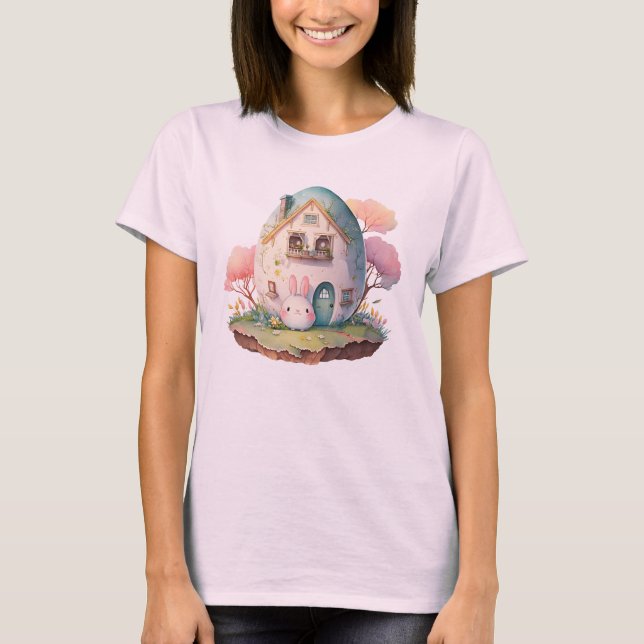 Rosa Bunny & Egg Shaped House Kawaii Stil T Shirt (Framsida)