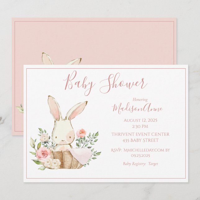 Rosa Bunny Forest Watercolor Cute Baby Shower Inbjudningar (Fram/baksida)