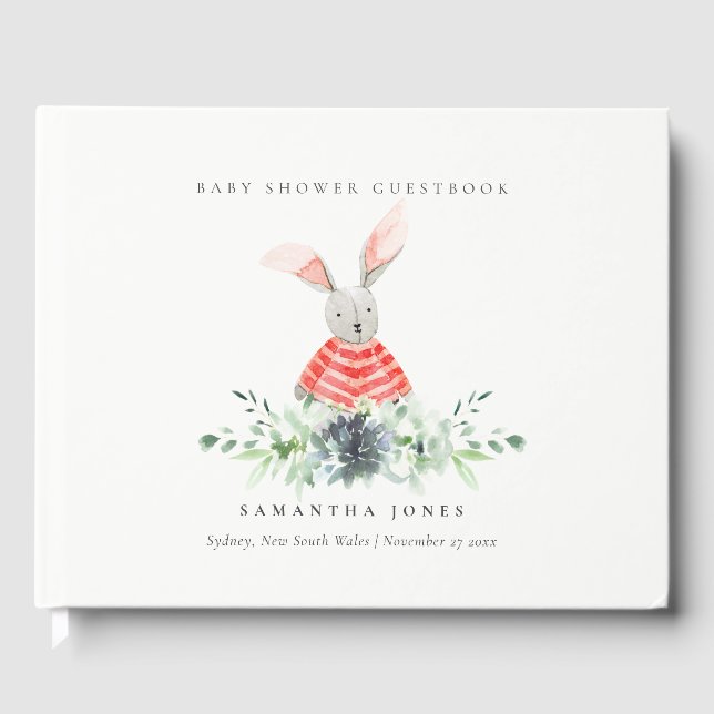 Rosa Bunny Garden Succulent Foliage Baby Shower Gästböcker (Framsida)