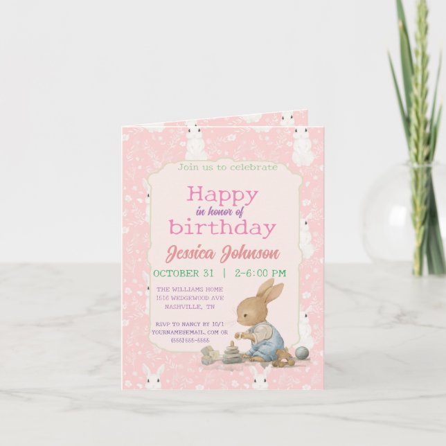 Rosa Bunny Girl Inbjudan (Framsida)