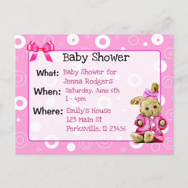 Rosa Bunny Girl's Baby Shower-inbjudan Inbjudan Vykort (Framsida)